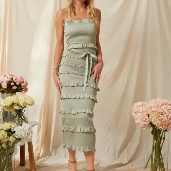 knee length dresses for ladies The Lotus Dress in Sage Tapestry main image 1